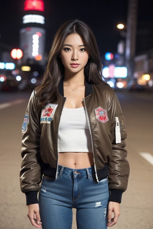 (masterpiece: 1.2), very detailed, very high resolution, (realistic, realistic photo: 1.37), RAW color photo with high detail, professional photo, very smooth and beautiful, very detailed, fine detail, large file size, very beautiful detail girl, very detailed face, very detailed eyes, very detailed skin, very detailed nose, very detailed mouth, perfect anatomy, night TOKYO tower background, full of lights" very detailed and shiny skin city, (famous Japanese actress:1.5), (gyaru:1.25 ), flat chest, (brown race, white skin, long black brown hair), cinematic lighting, (Any pose:1.3), (full body), denim pants, (wearing a white air bomber jacket with lots of patches : 1.3), elegant appearance, polite, vvChinatown : 1.45),
