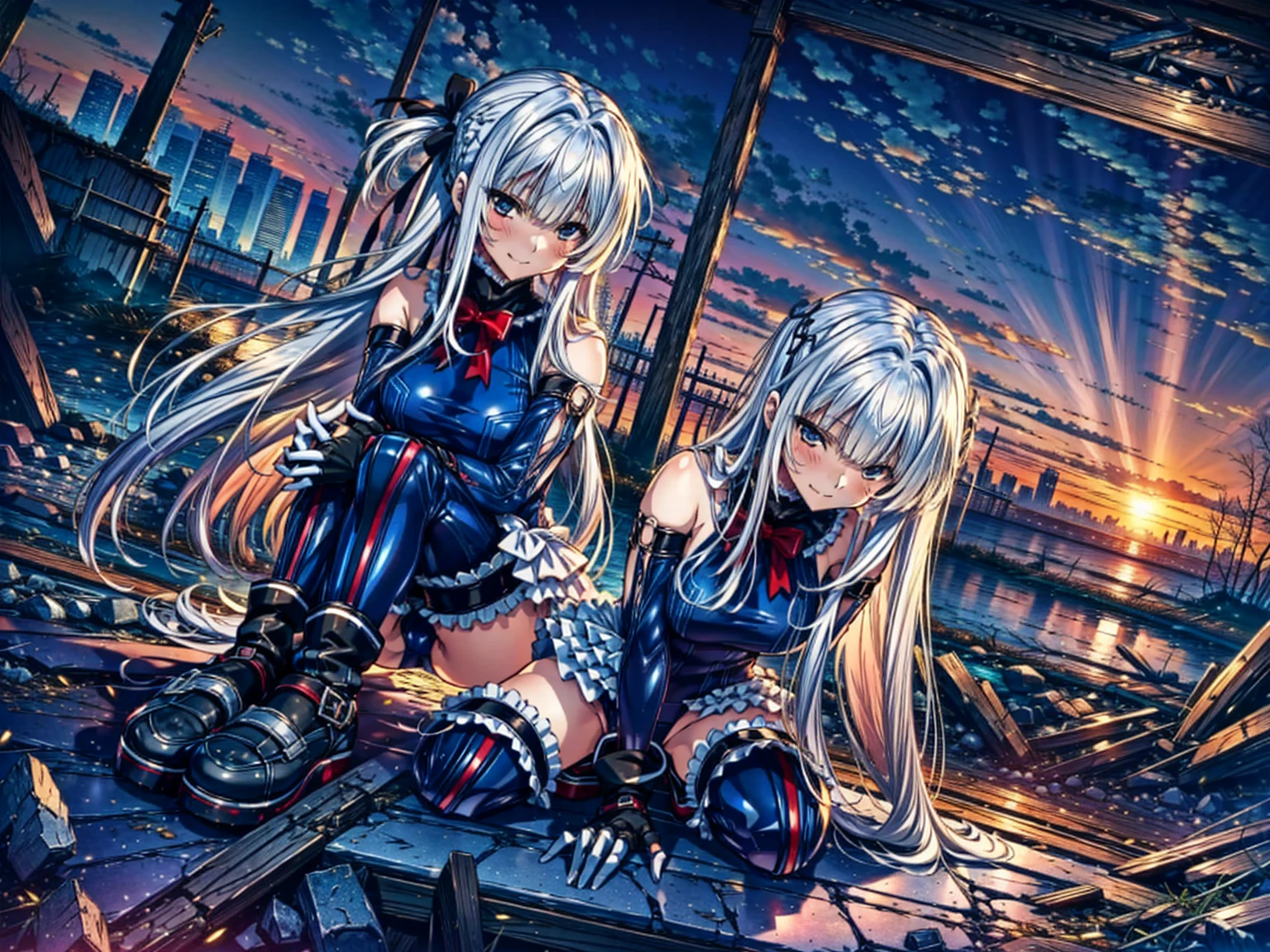 4k,perfect anatomy, highest quality, rose,evil smile,provocative attitude
,(2Young Girls greet dawn on top of a pile of rubble:1.1),evil smile,anime style,(ruffle swimsuit, Thighhighs, removed sleeve), (anime style:1.4) ,
silver hair,(white fingers:1.1,black gloves),very long hair,evil aura,
empty eyes,full body