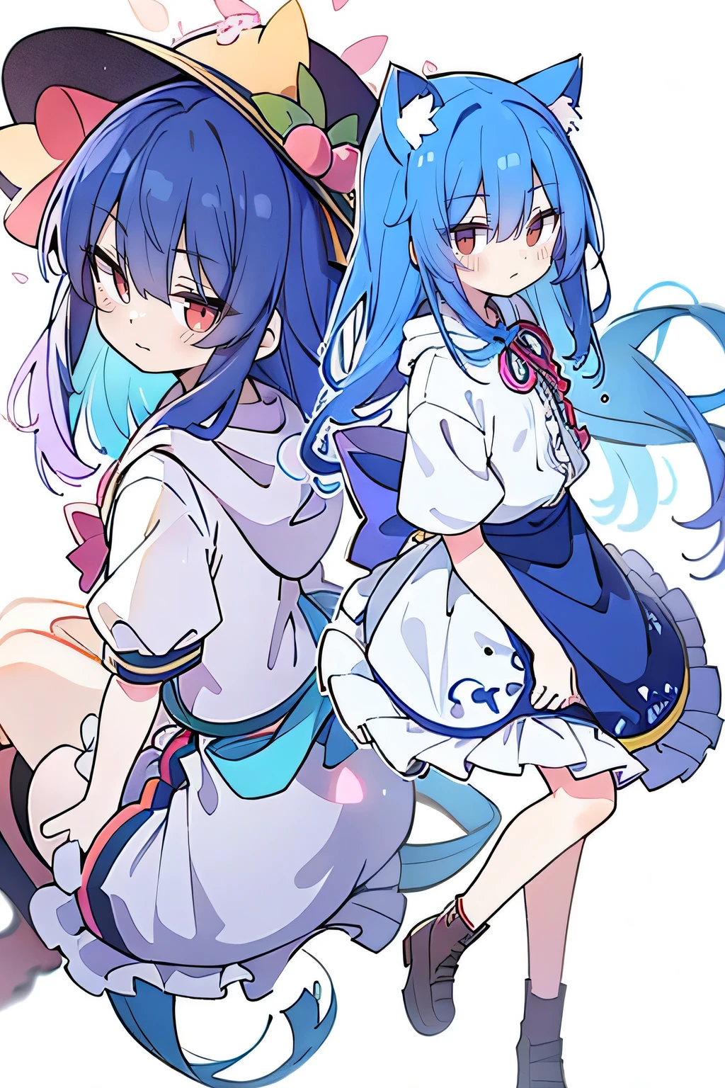 (masterpiece:1.2),Super detailed,lifelike,Expressive eyes,fair skin,perfect face shape,1 girl,
Japanese comics,Gorgeous blue hair,flowing blue hair,flowing clothes,Cat ears,Petals fall,beautiful lola,Baby Angel,
Cross your legs,Gentle and peaceful background,The pavilion is cool and comfortable,smile, wearing hoodie, background of tokyo,back views,snowing, winter.