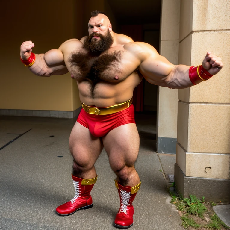 zangief,a man with a beard and a golden belt, fighting game character, street fighter 5,muscled humanoid,heavy looking,buff man,wrestler,Red short briefs,capcom,street fighter,shirtless,muscular male,chest hair,visually weighty,bearded man,mohawk hair,no wristband,Red Wrestling Boots((best quality)), ((masterpiece)), (detailed), perfect face