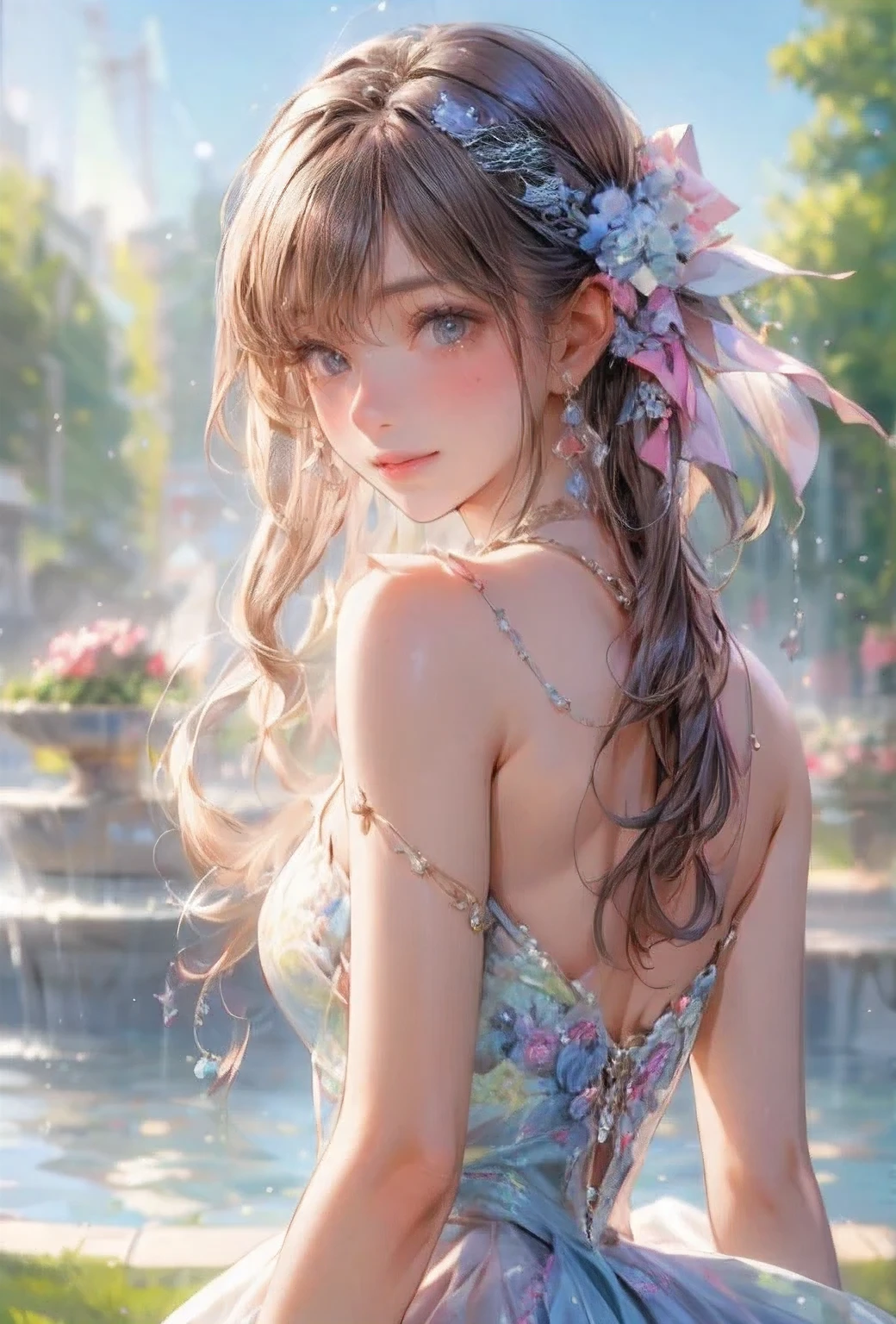 masterpiece:1.2, highest quality, 16k, highres, ultra-realistic, photorealistic:1.37, beautiful detailed:1.2, cute girl, standing in Fashion show, fashion model Striking a pose while standing elegantly on the runway, beautiful delicate artistic avant-garde revealing dress, gently smile, beautiful delicate(hair, face, long eyelash, eyes, pupils, lips, knee, anklet, dress), sparkling eyes, shining rosy lips, blushed cheek, through bangs,