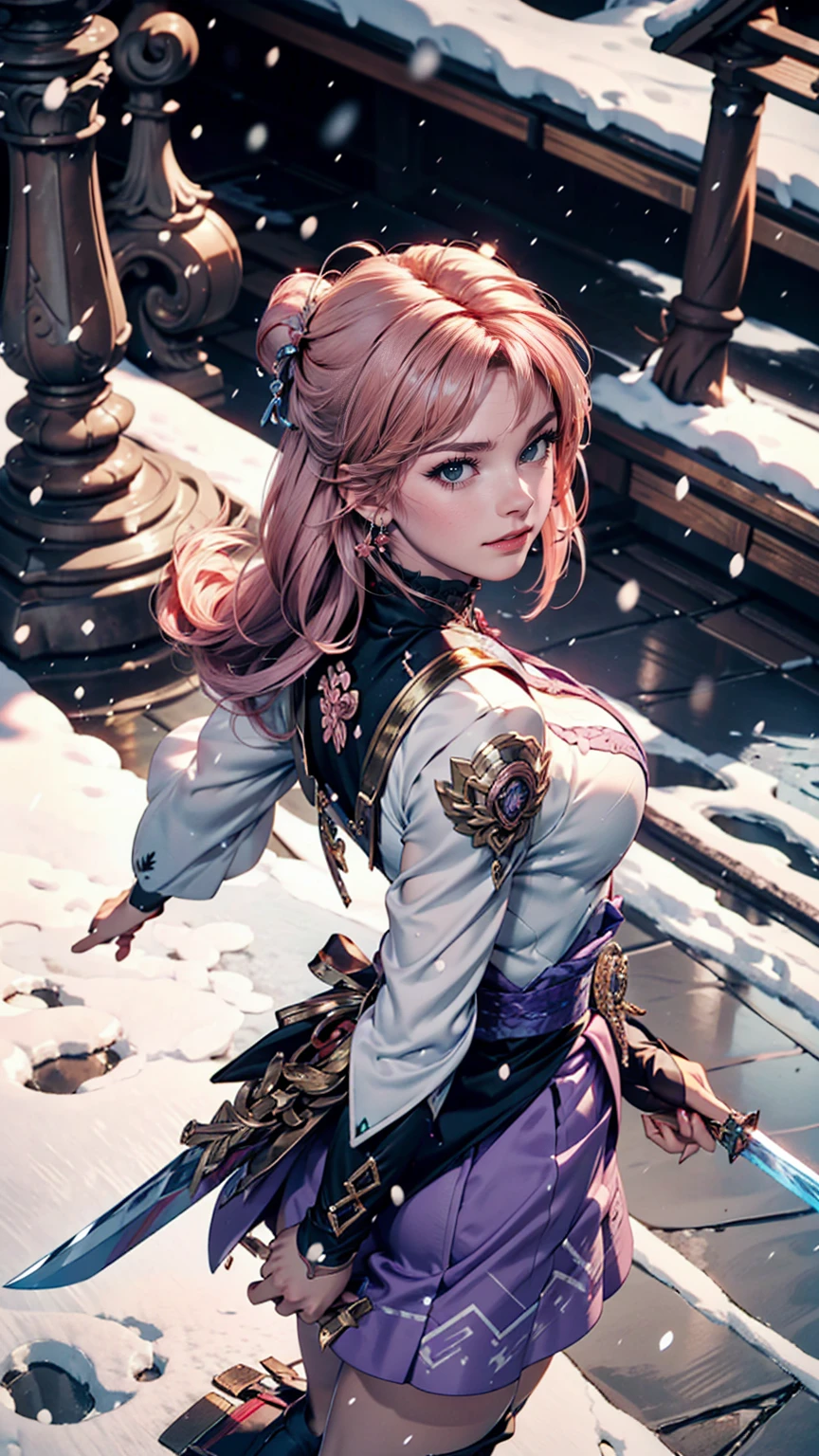 Extreme Detail, perfection, aerial photograph, Like a work of art, Anime girl with ice and snow sword, Her pink hair and long purple skirt complement each other well., Ayaka Genshin gazing into the distance, Leading to the world of Genshin.