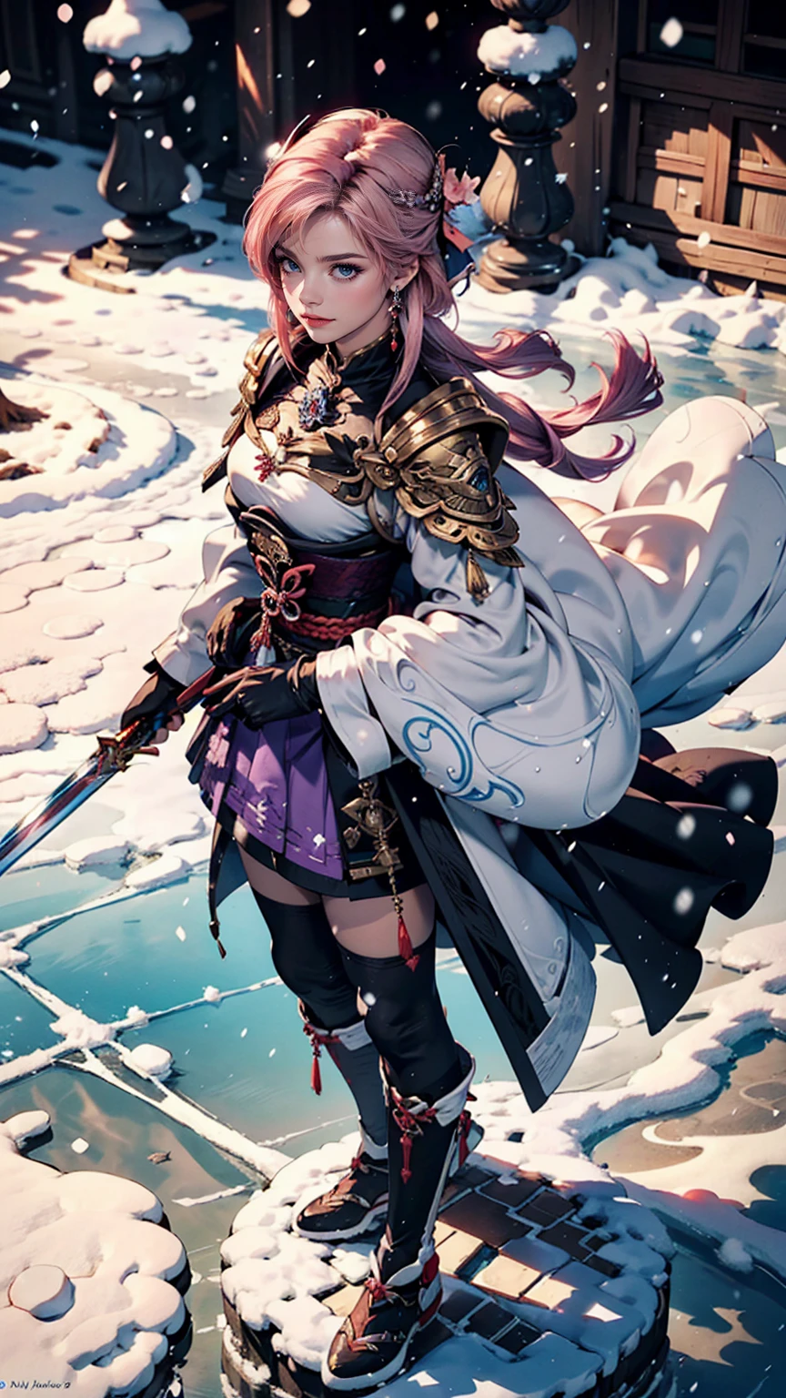 Extreme Detail, perfection, aerial photograph, Like a work of art, Anime girl with ice and snow sword, Her pink hair and long purple skirt complement each other well., Ayaka Genshin gazing into the distance, Leading to the world of Genshin.