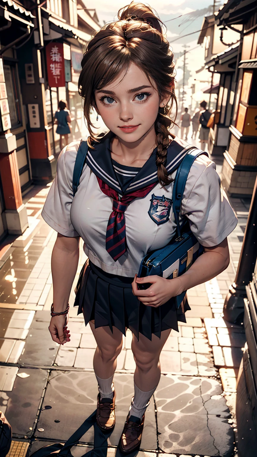 Cute high school girl in Japan、Wear a sailor uniform、A well-defined figure、Wear white socks、Wear loafers、Hold your school bag in front of your body、smile、Brown Hair、Aerial perspective((atmospheric perspective))、Braided ponytail((braided ponytail))