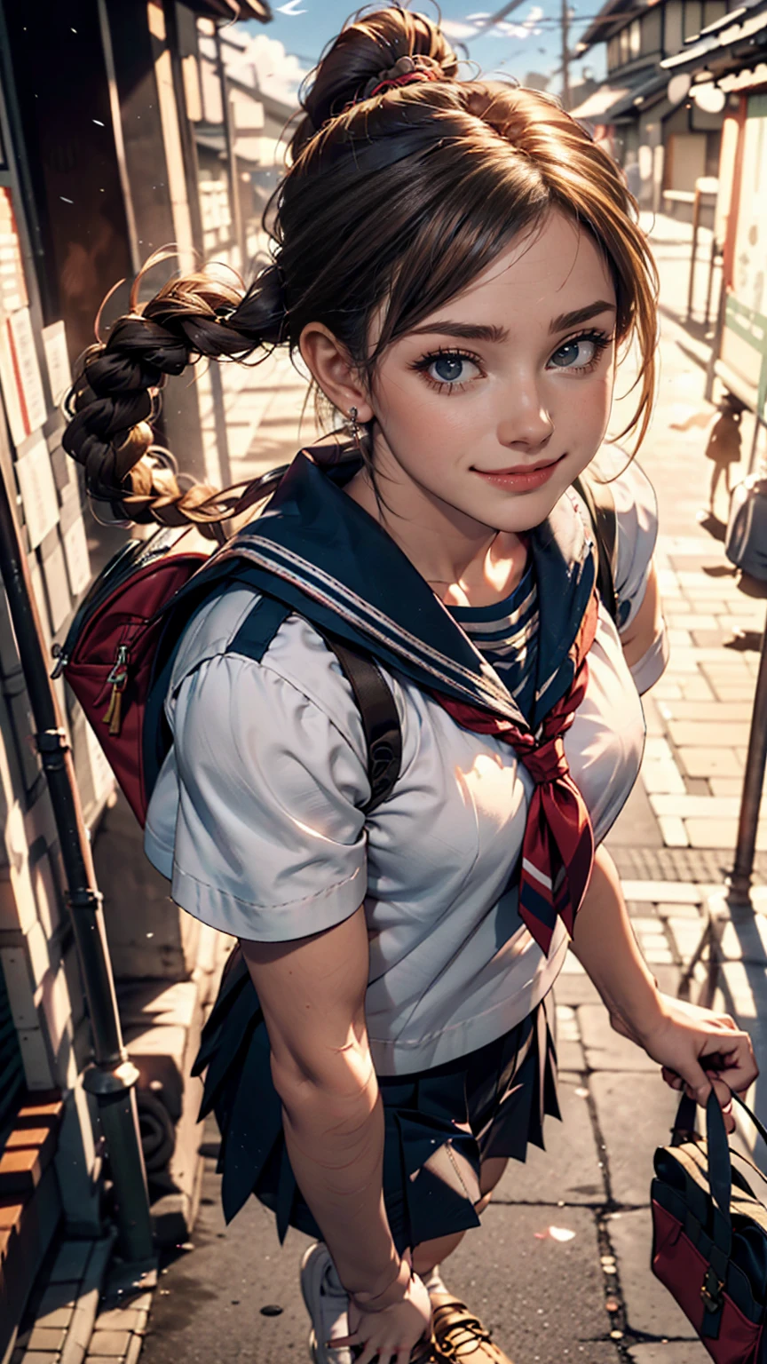 Cute high school girl in Japan、Wear a sailor uniform、A well-defined figure、Wear white socks、Wear loafers、Hold your school bag in front of your body、smile、Brown Hair、Aerial perspective((atmospheric perspective))、Braided ponytail((braided ponytail))