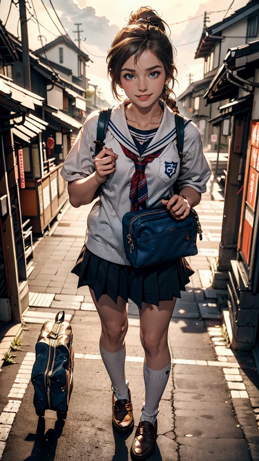 Cute high school girl in Japan、Wear a sailor uniform、A well-defined figure、Wear white socks、Wear loafers、Hold your school bag in front of your body、smile、Brown Hair、Aerial perspective((atmospheric perspective))、Braided ponytail((braided ponytail))