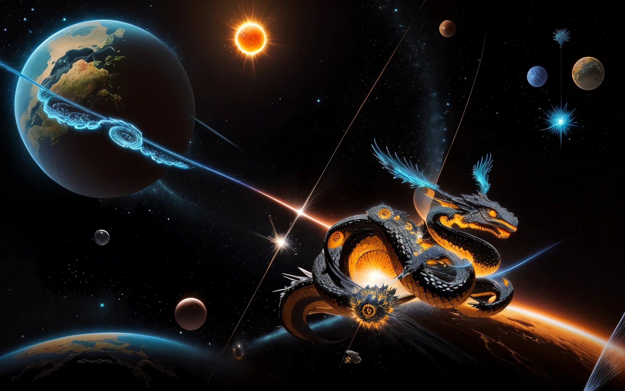A distant photograph of a giant black dragon monster flying over a curved, sun-colored sphere.。A snake on a map with coordinate lines, Space fungus simulation, Microscope image, Micrograph, Sculpture, A scientific depiction, Microscope View, Alien Deposition Schematic, 空からmeteoriteが落ちてくる, Detailed scientific illustrations, An illustration of, An illustration, protozoa, meteorite