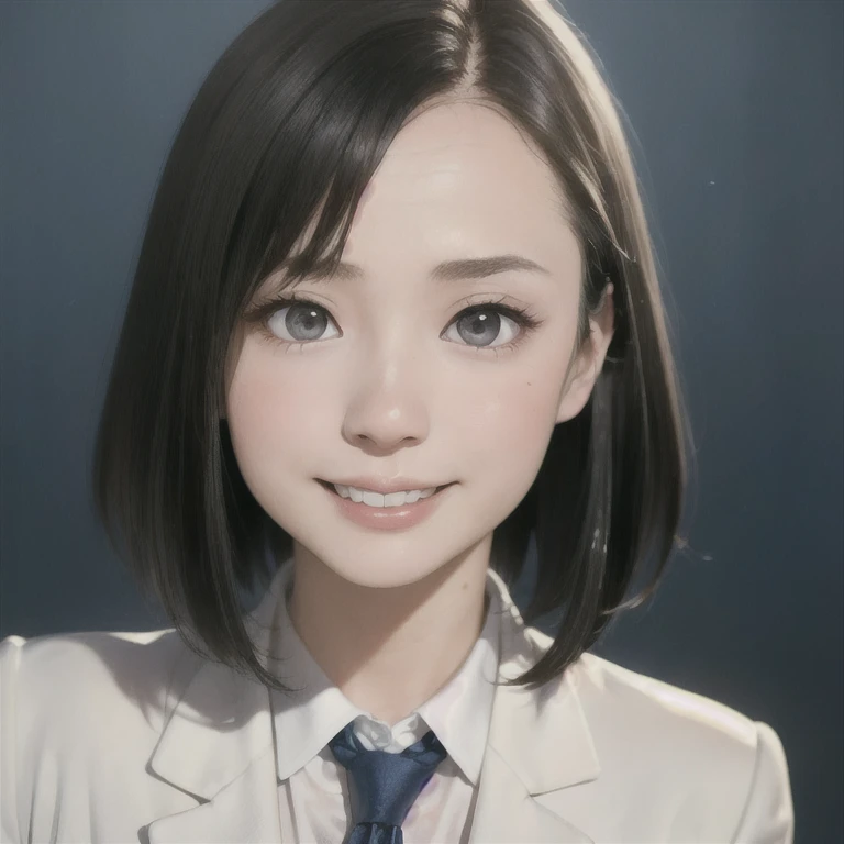 (kawaii 24 year-old Japanese girl, Nogizaka idol, Korean idol), (glossy hair, very short hair, forehead:1.3), (beautiful black eyes, rounded face, single eyelid, no makeup, laughing, even whitened teeth:1.2), (wearing suit jacket, collared shirt, necktie:1.3), (extra small breasts:0.9), (looking at camera:1.3), BREAK, (simple blue background, studio lighting:1.3), (view from forward, bust shot:1.3), BREAK, (masterpiece, best quality, photo realistic, official art:1.4), (UHD, 8K quality wallpaper, high resolution, raw photo, golden ratio:1.3), (shiny skin), professional lighting, physically based rendering, award winning, (highly detailed skin, extremely detailed face and eyes), Carl Zeiss 85 mm F/1.4, depth of field, 1girl, solo,