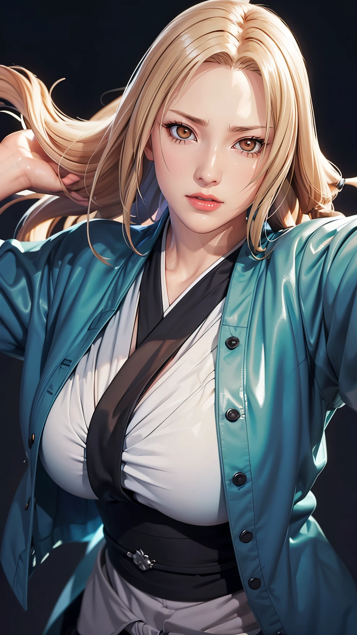 （（（完美figure，figure，solo， White and tender skin，（（（Cyberpunk，tsunade, Japanese clothes, sash, jacket，A tea green long jacket with black edges, black belt,  ））），（（（t5un4d3, Light yellow long hair, blue purple mark on forehead, light yellow thin short eyebrows, bright brown pupils, light red lips））），((masterpiece)),high resolution, ((Best quality at best))，masterpiece，quality，Best quality，（（（ Exquisite facial features，Looking at the audience,There is light in the eyes，(（（Smile，confidence)））)，））），型figure:1.7））），（（（Light and shadow，Huge breasts））），（（（Looking at the camera，black background）））