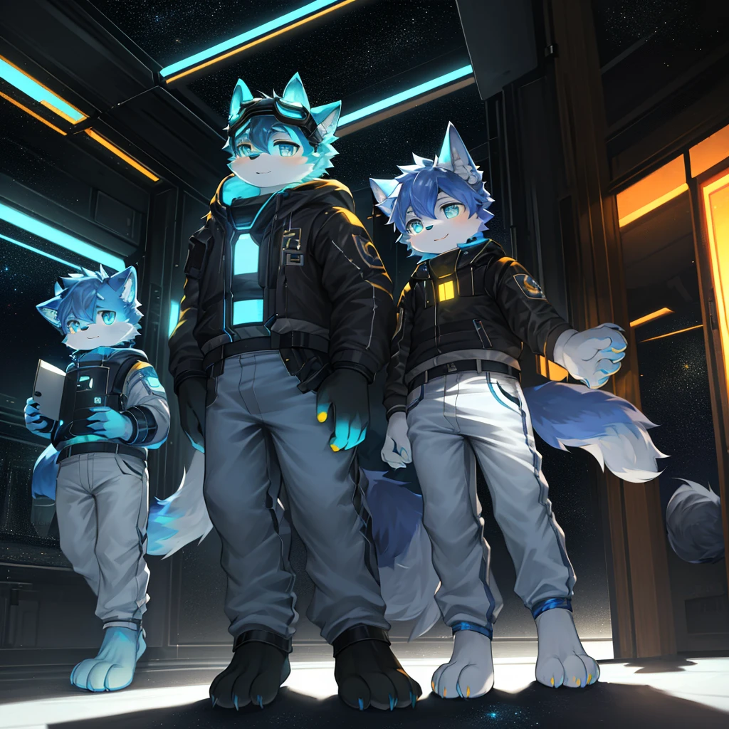 "(High quality sci-fi scenery and shadows,Ray Tracing,Particle Effects,8k resolution),(Cat-eared Shota boy and oversized wolf tail+The ears are big and long)of(White luminous pants+皮毛是白色of+Yellow and blue luminous clothes),Wearing futuristic sci-fi naval command,Space Helmet,goggles,Animal feet,散发着神秘又英气of可爱气质。"