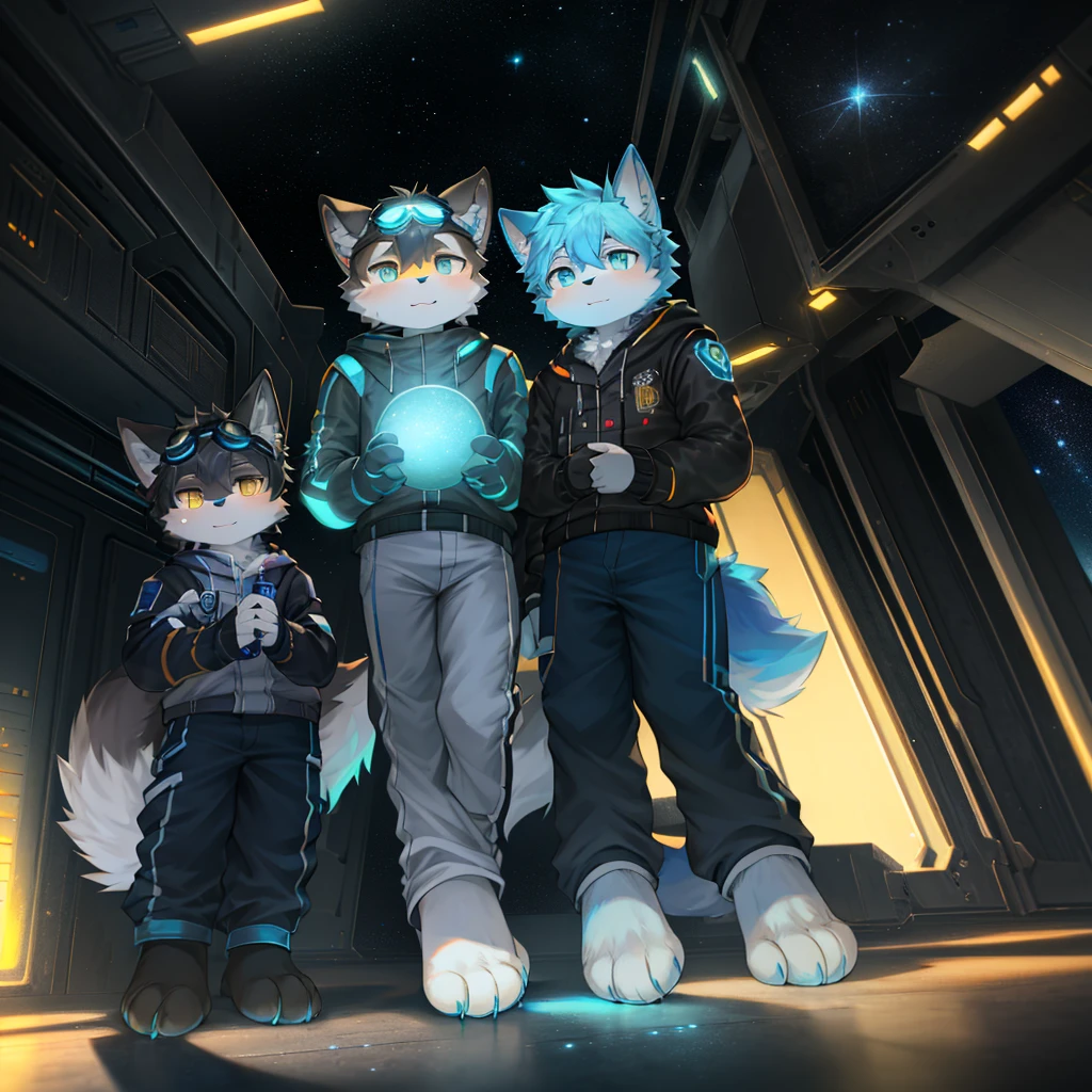 "(High quality sci-fi scenery and shadows,Ray Tracing,Particle Effects,8k resolution),(Cat-eared Shota boy and oversized wolf tail+The ears are big and long)of(White luminous pants+皮毛是白色of+Yellow and blue luminous clothes),Wearing futuristic sci-fi naval command,Space Helmet,goggles,Animal feet,散发着神秘又英气of可爱气质。"