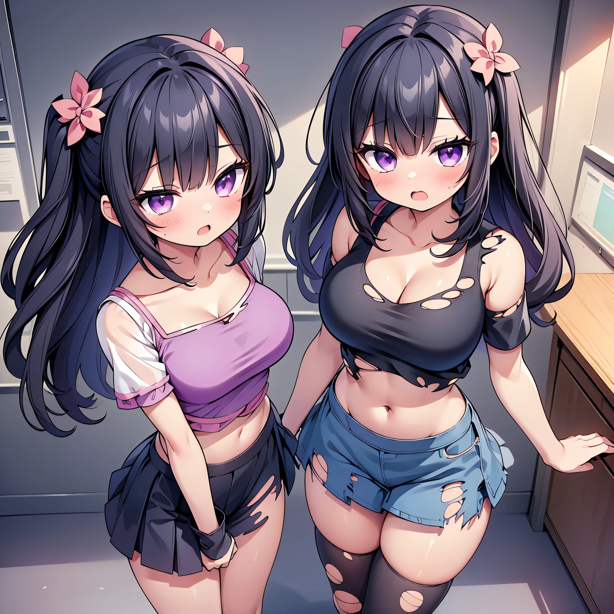(8K、Best image quality、highest quality、masterpiece)、Detailed face、(2 girls, Black Hair, Purple Eyes, long hair)、(half-closed eyes:1.2), Improve、 (magical pink girl outfit,frill mini skirt:1.2), (skinny body), (huge breasts:1.1), (cleavage cutout), (crop top navel), (torn clothes:1.8), (torn shirt:1.8), (open mouth), (embarrassed), Classroom Background, (black stockings:1.2), (Thighs:1.2), (Waistline), (from above:1.2)