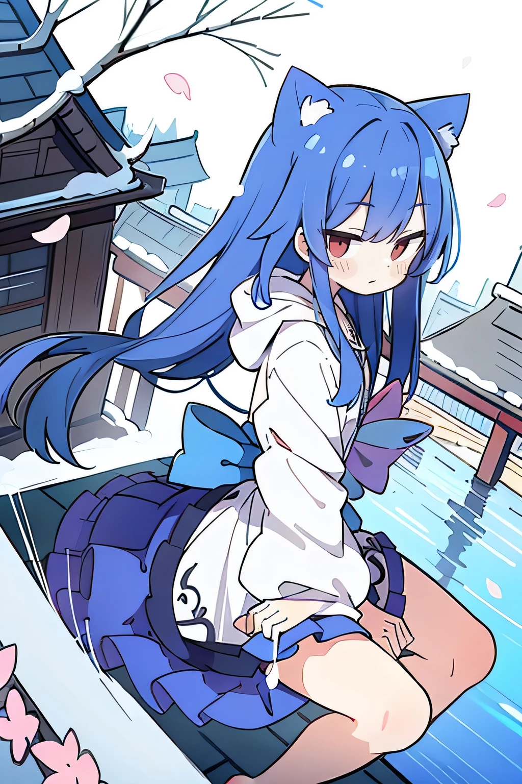 (masterpiece:1.2),Super detailed,lifelike,Expressive eyes,fair skin,perfect face shape,1 girl,
Japanese comics,Gorgeous blue hair,flowing blue hair,flowing clothes,Cat ears,Petals fall,beautiful lola,Baby Angel,
Cross your legs,Gentle and peaceful background,The pavilion is cool and comfortable,smile, wearing hoodie, background of tokyo,back views,snowing, winter.