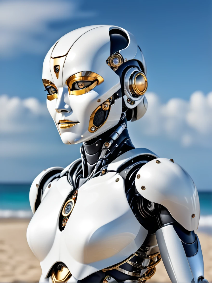 female robot, robot head, Armadura de combate, robot mask, olhos brilhantes, (seios enormes), fios, cabos, curved, quadris largos, (Armadura preta e dourada:1.25), pose sedutora, fundo de praia, Empilhamento de foco UHD 8k, Fotorreal, realista, fotografia, 8k, (Exoesqueleto:1.35), 