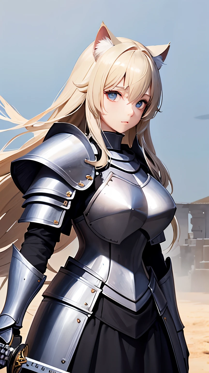 ((knight))、woman、Big eyes、Double、Soft、大人のwoman、whole body、（sword）、（armor）、((whole bodyarmor))、Cat ear、Blonde、long hair、(腰にsword)、大sword、knight団、