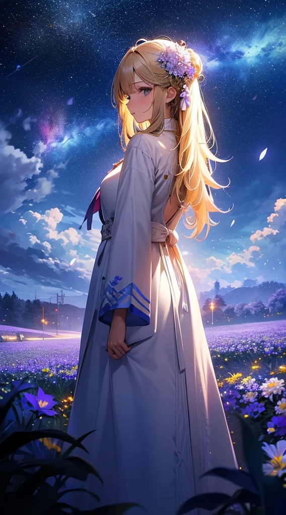 1people々々々々々,Blonde long-haired woman,White long coat, Dress Silhouette, Rear View,Space Sky, Flower Field,Colorful flowers,Fluttering petals,Countless crosses lined up,
