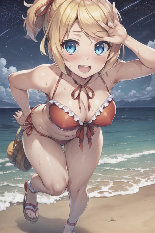 (((masterpiece))), ((highest quality)), ((Very detailed)), ((High resolution)), ((8k)), ((Anatomically correct)), ((The correct number of fingers)), One Woman, Kagamine Rin, Vocaloid, Blonde Hair, short hair, (Red ribbon on head), Short, Very cute woman, delicate, Charming smile, Blue eyes, Bright Eyes, Best moment, Vivid eyes, Beautiful Skin, Cute face, delicateな腕, Detailed skin texture, Intricate details, Very detailedな顔, Beautiful Eyes, Beautiful curves, View your viewers, Beautiful thighs, A red bikini with frills on the top, Denim shorts on the lower body, Sweat, Wear red sandals, Beautiful standing posture, Model standing, Open your mouth, Beach at night, Stars in the background, Date with a lover, A big smile,