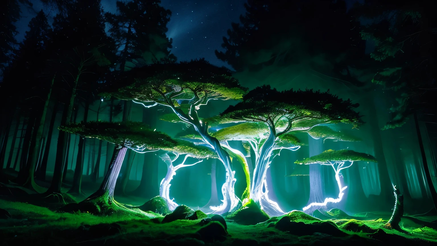 Eerie Beauty: A moonlit forest bathed in an ethereal glow, where ancient, gnarled trees twist into fantastical shapes. Wispy, bioluminescent mushrooms illuminate the forest floor, while a stack mushroom with piercing needles sprout from the shadows.