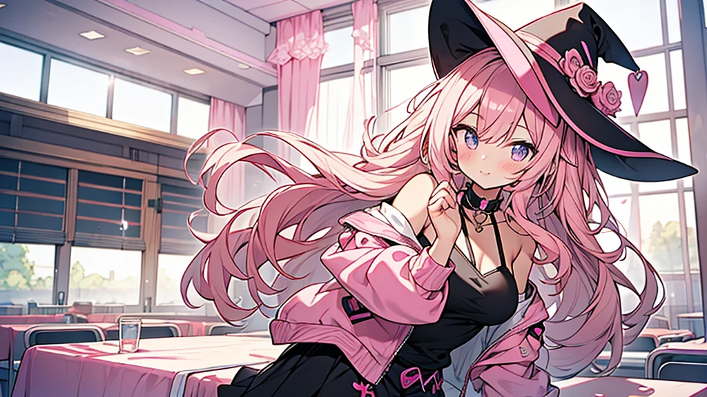 anime style,13years old girl,pink Jacket,black camisole with pink ribbon,pink_witch_hat with pink rose accessories,black skirt with pink frill,Gyaru-style vertical roll hair,midium breasts,class room,