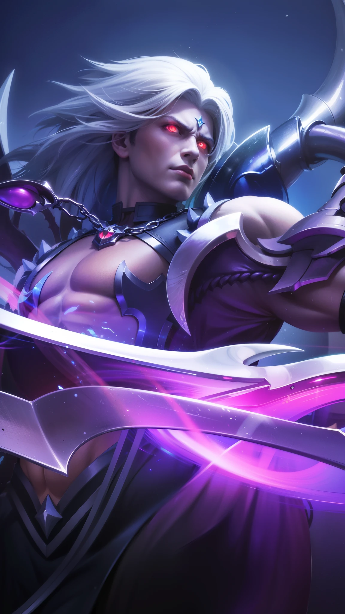 a man with a sword in her hand, Masterpiece, ultra HD, detailed all picture, a close up of a devil, dyrroth from mobile legend, evil, extremely detailed artgerm, mobile legends character, inspired by Dyrroth, Six pack chest and abs, black jewel above the chest, light red eyes, glare.