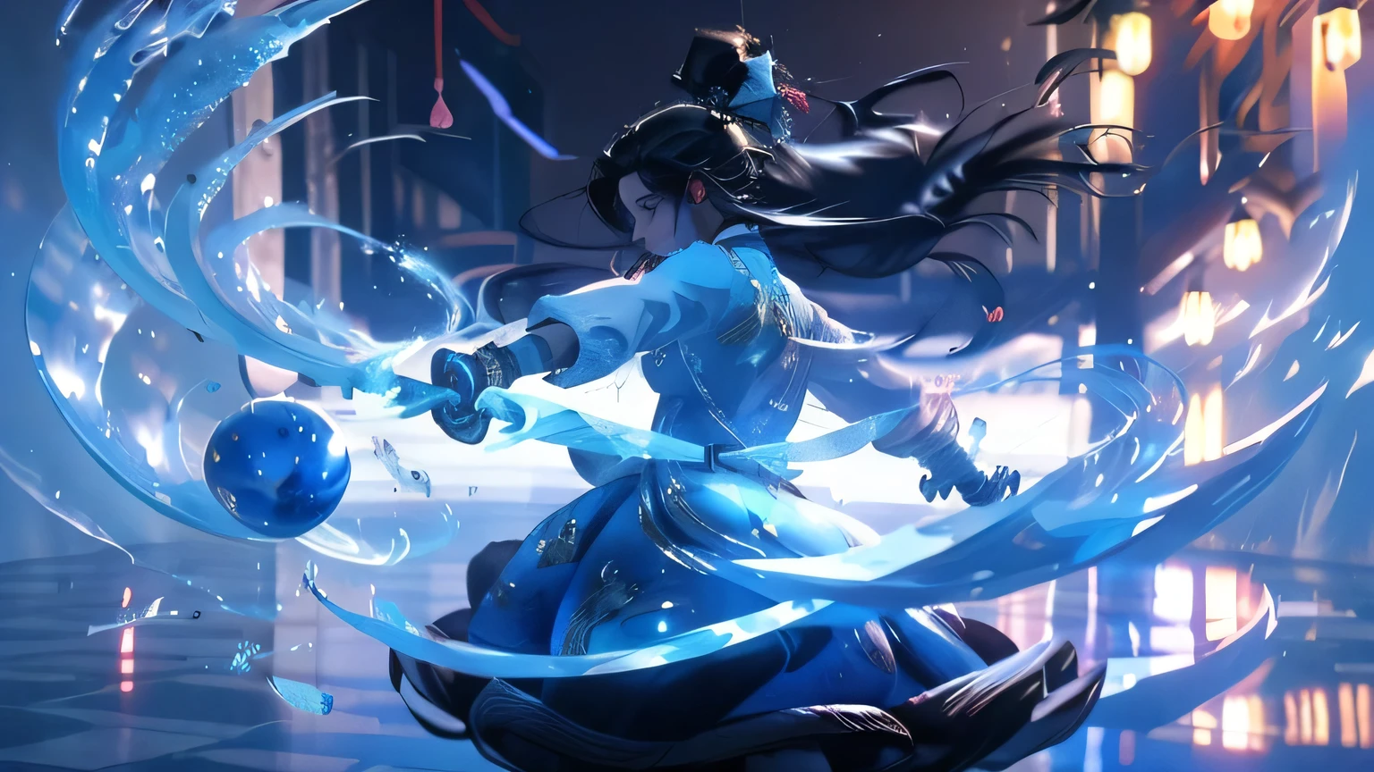 a woman in a blue dress holding a blue crystal ball ice, black hair and tied up