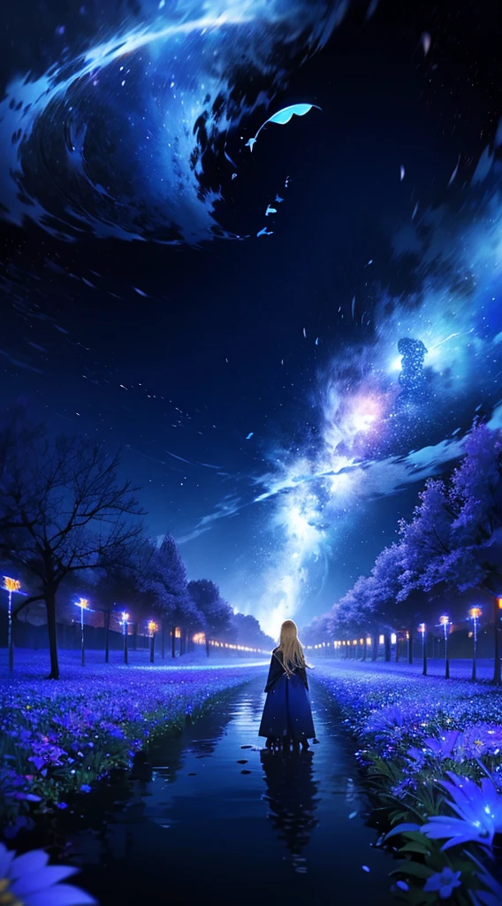 １people々々,Blonde long-haired woman，Blue long coat， Dress Silhouette， Rear View，Space Sky, Flower Field，Colorful flowers，Fluttering petals，Countless crosses stand in a row，