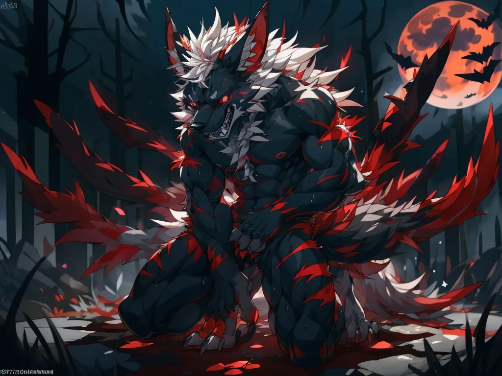 Halloween:1.3, a black wolf,Under the red moonlight,Big Red Moon,White hair:1.3,Gray fur,
Its evil red eyes and sharp fangs exude an aura of terror,Like a demon crawling out of hell, (masterpiece、top-quality、top-quality、Beautifully Aesthetic:1.2)、(((Dark Halloween Mon Beauty)))、Cool pose、ighly detailed、colourfull、highestdetailed, Anatomically correct, nffsw, high details, Textured skin, 8K,perfect hand,perfect armloody tears,barefoot,paw pads, adorable, look up,Can see the claws,Toddlers,(By Fiddler Tarrant), (By Dark Gem:0.8), (By Chunni:1), masterpiece, Kneeling on the ground,Painful expression:2,cry,Sweating,Burning sensation,Especially the many scars:2,Wound, In an atmosphere of darkness and horror, illuminated by moonlight, ghost, transparent