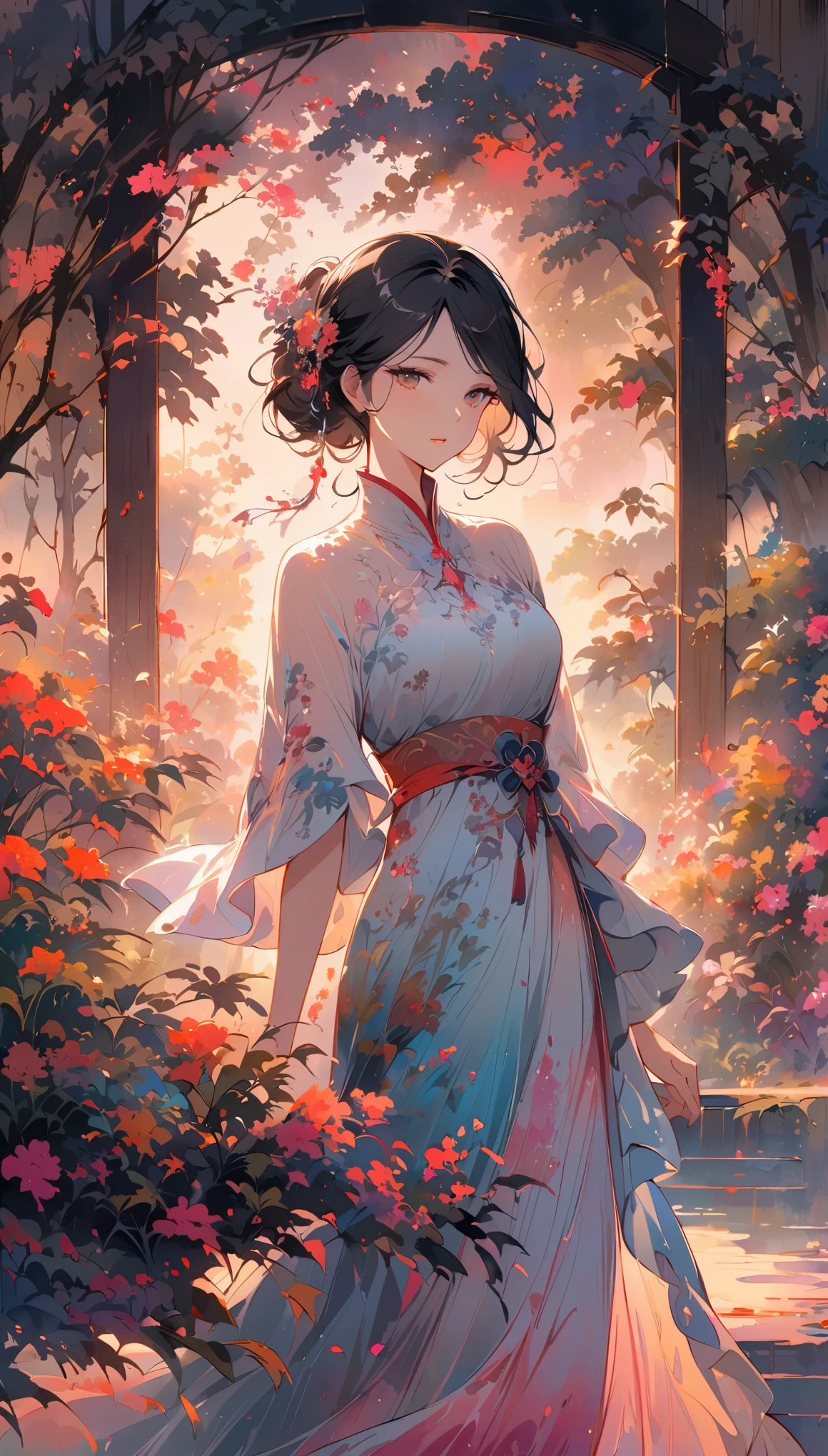 ink painting,beautiful girl,strolling,sheer fabric,calligraphy,serene atmosphere,traditional Chinese art,graceful posture,elegant attire,detailed facial features,dainty hands,subtle brushstrokes,flowing lines,gentle breeze,harmonious composition,ethereal beauty,historical charm,sublime elegance,peaceful garden,soft lighting,subdued color palette,artistic mastery,exquisite details,expressive calligraphy,mysterious allure,lush foliage,dappled sunlight,tranquil scene,nuanced shading,graceful movement,poetic ambiance,vibrant ink wash,breathtaking artwork,delicate harmony,sublime tranquility,watercolor effect,ethereal atmosphere,serenity in motion,enchanting narrative,captivating artistry