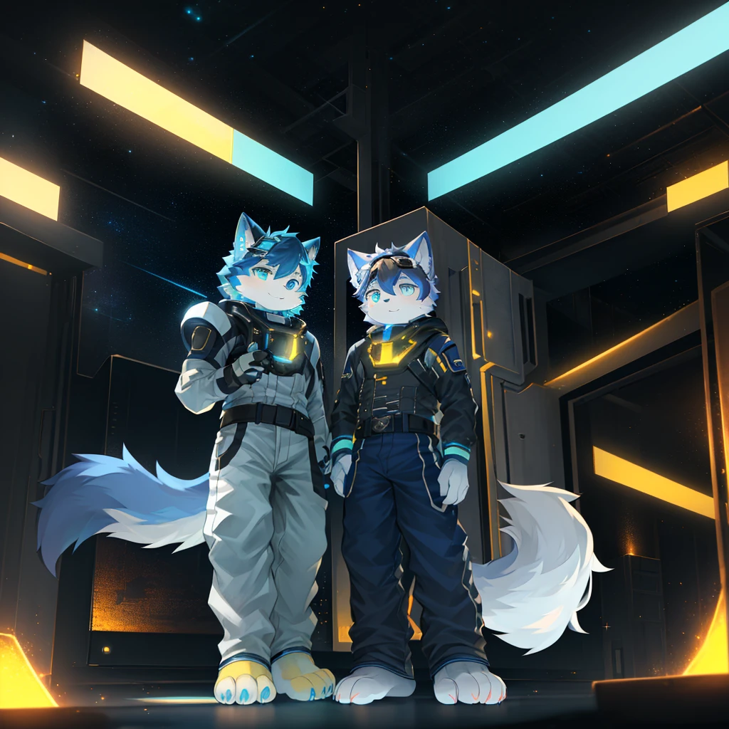 "(High quality sci-fi scenery and shadows，Ray Tracing，Particle Effects，8k resolution)，(Cat-eared Shota boy and oversized wolf tail+The ears are big and long)of(White luminous pants+皮毛是白色of+Yellow and blue luminous clothes)，Wearing futuristic sci-fi navy command uniform，Space Helmet，goggles，Animal feet，散发着神秘又英气of可爱气质。"