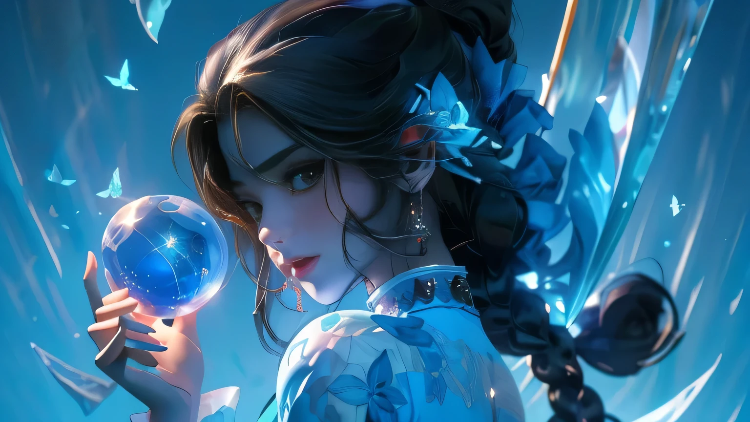 a woman in a blue dress holding a blue crystal ball ice, black hair and tied up