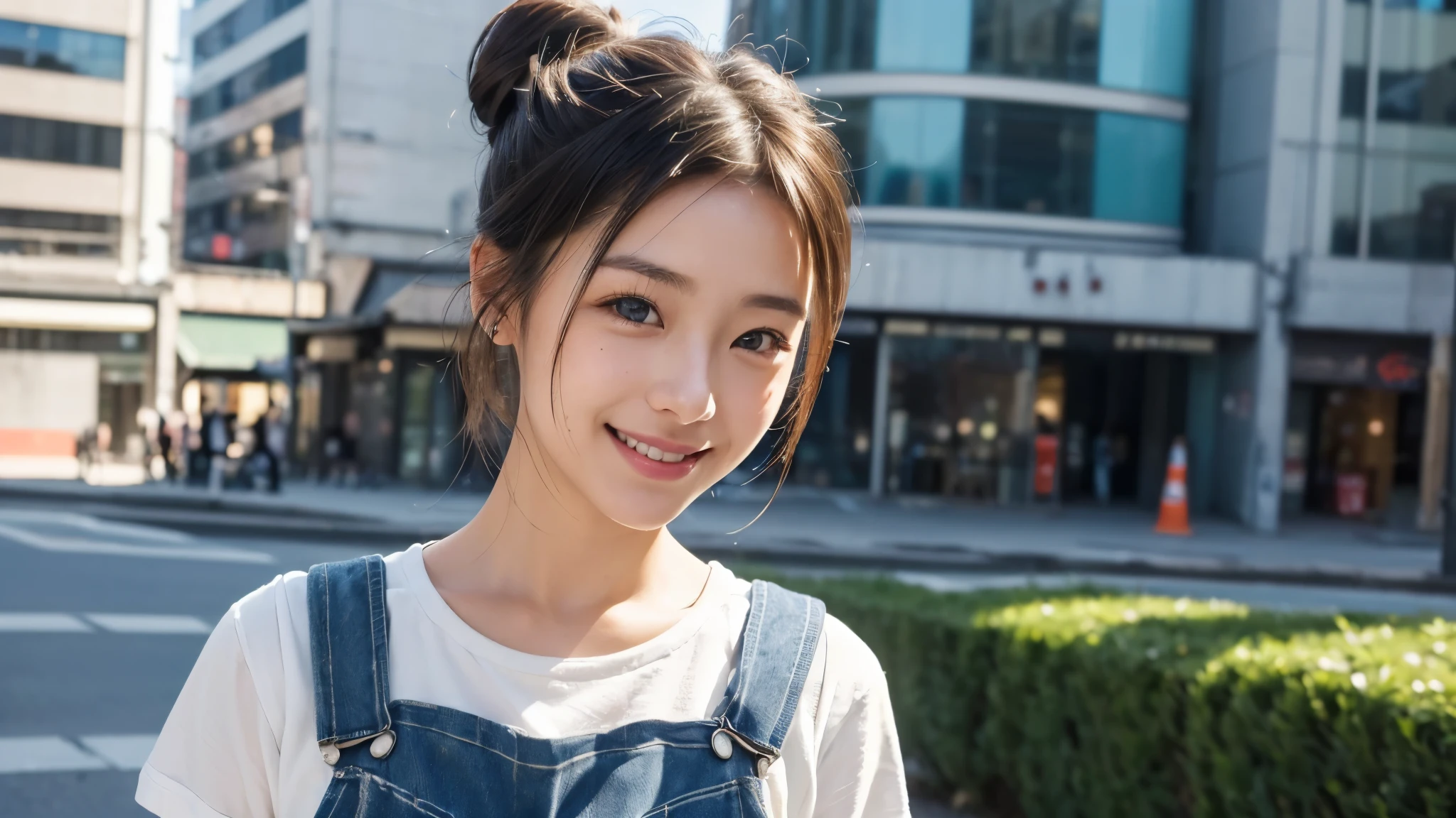 (((City:1.3,outdoor, Photographed from the front))), ((bun hair:1.3, overalls,japanese woman, Smile,cute)), (clean, natural makeup), (highest quality, masterpiece:1.3, 超High resolution), (Super detailed, caustics), (realistic:1.4, RAW shooting), very detailed, High resolution, 16K resolution