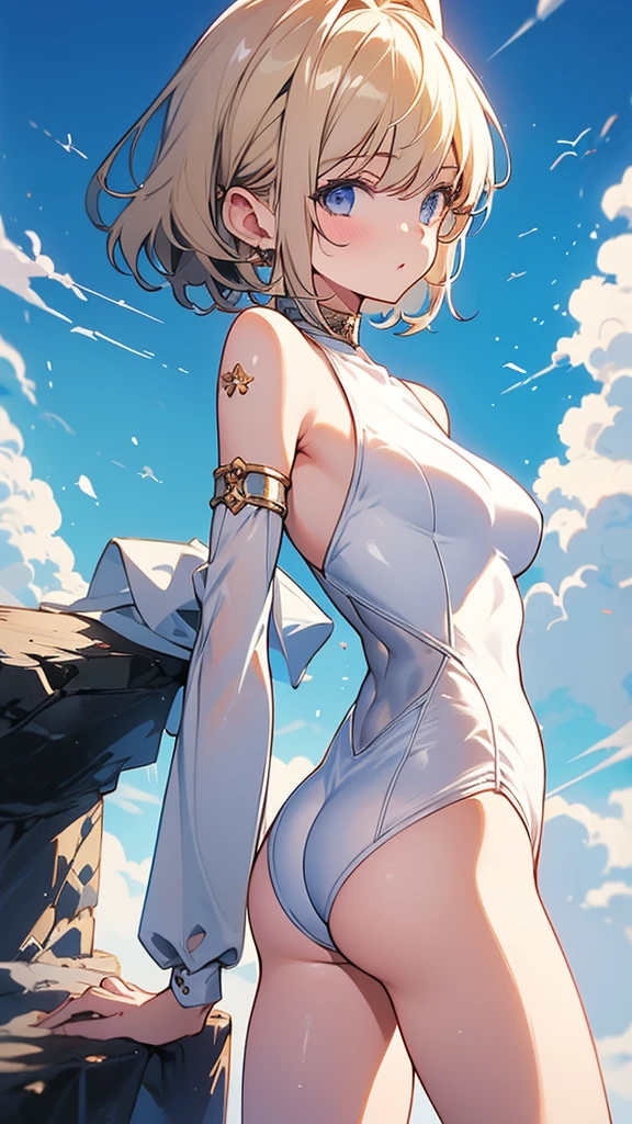 girl、Tight waist、Strong expression、Sticking out her butt、Blonde、Short Hair、White leotard、22 years old、sexy、