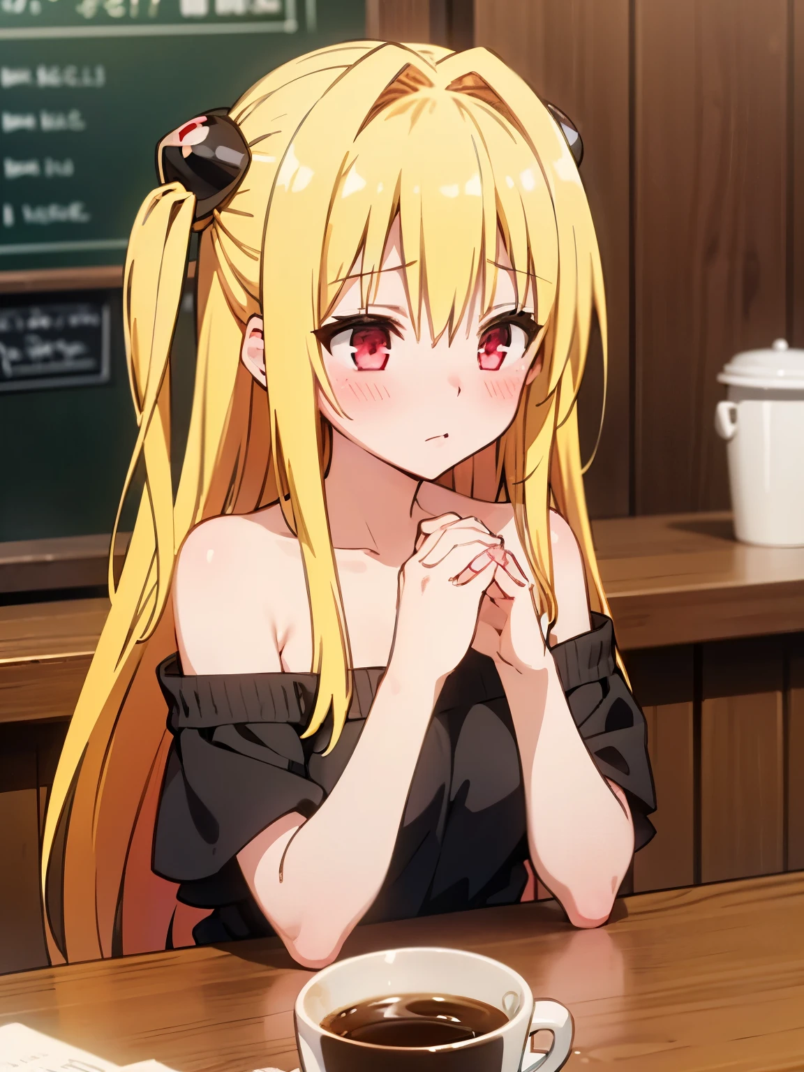 NSFW,Fiami、1 girl、Long Hair、solo、hair ornaments、Two Side Up、Blonde Hair、Red eyes、hair ornaments,sweater,Off the shoulder,Embarrassed,blush,(Perfect hands),(Perfect ???????),(masterpiece),(highest quality),Coffee shop,table