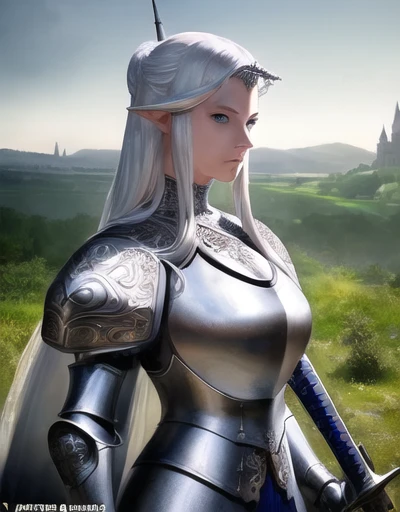 masterpiece), (extremely intricate:1.3),, (realistic), portrait of a girl, long white and silver hair, blue eyes, single unicorn horn, holding sword, the most beautiful in the world, (medieval armor), metal reflections, upper body, outdoors, intense sunlight, far away castle, professional photograph of a stunning woman detailed, sharp focus, dramatic, award winning, cinematic lighting, crest on chest