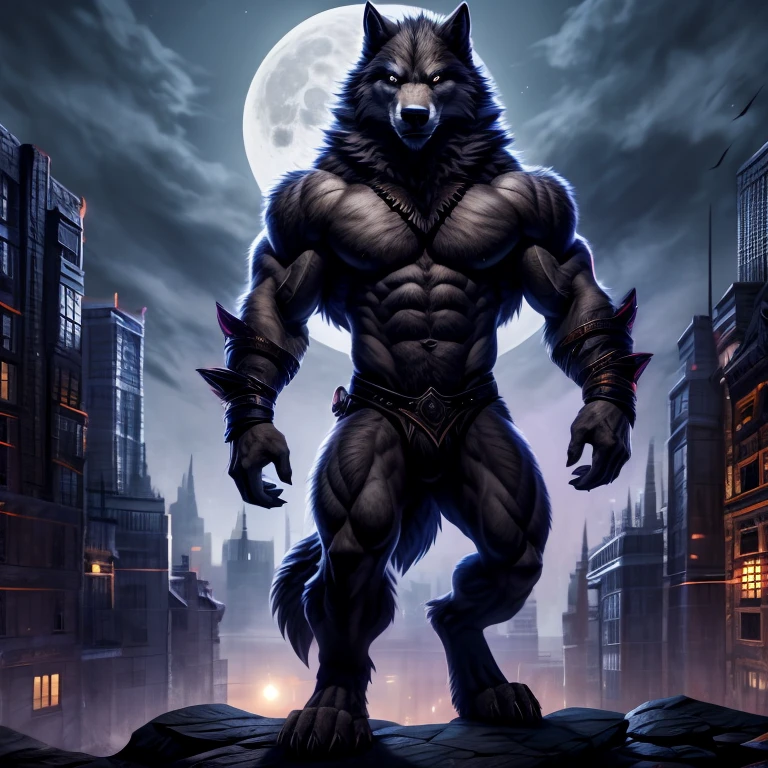 Make super muscular black fur werewolf monster with attractive pose