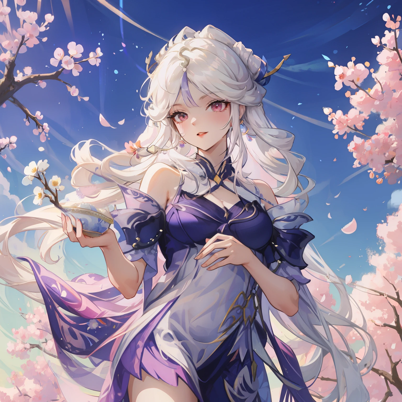 art by Cornflower, dream, cherry_开flower, come down_flower瓣, flower瓣, Branches, Pink_flower, 1 Girl,20 years old, blue_Sky, spring_(seasexist), flower瓣_exist_liquid, flower, flower见, skirt, (Lexistg blexistd curly hair：1.5),Wearing a wreexisth,Sky, outdoor, cloud, Bangs, Smile, Pink_Eye, White skirt with cherry blossom embellishments, only_Shoulder, earrings, Keep_flower, wind, Tree, Watching_exist_Viewer,Cowboy shooting,