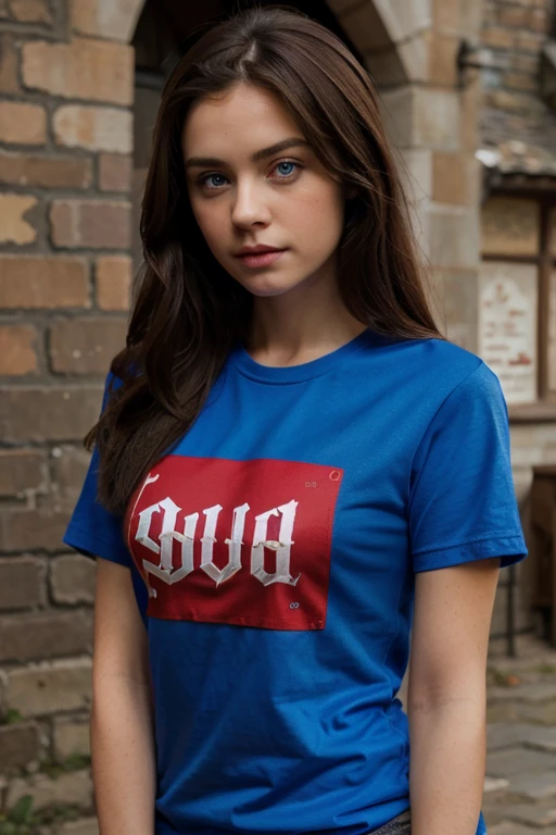 Brunette blue eyes girl red t-shirt with hogwarts alumni writing on it 