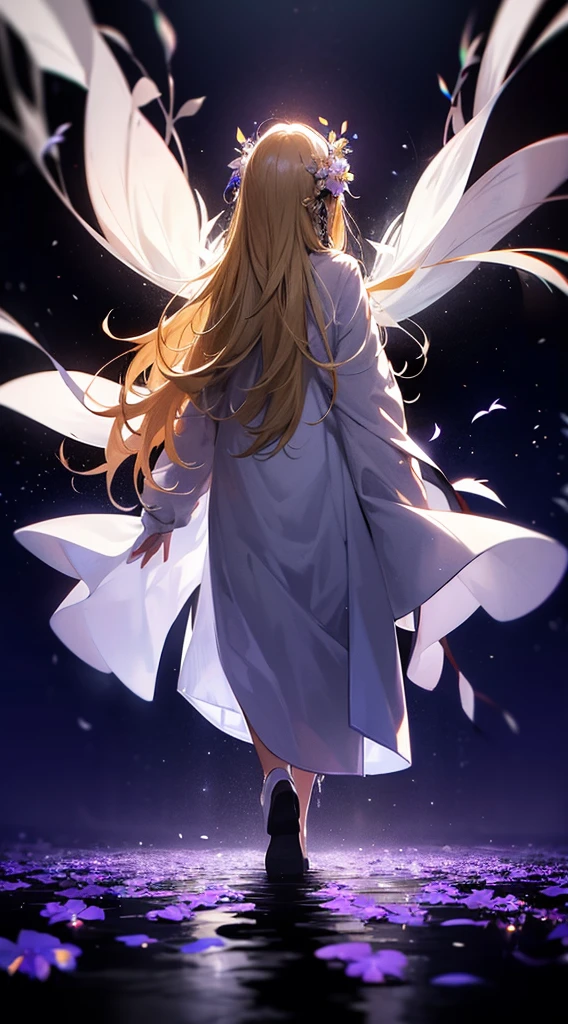 1people々々々々々々々,Blonde long-haired woman,White long coat, Dress Silhouette, Rear View,Space Sky, Flower Field,Colorful flowers,Fluttering petals,Countless crosses lined up,