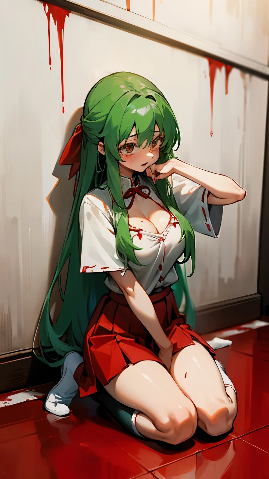 crazy girl crazy socks older long hair shrine maiden red hakamo red skirt breasts white shirt. stabbed blood knife crying blood on walls, wooden floor blood on ground, blood on walls lots of red liquid spilled on floor. red water on ground sonozaki shion cleavage holding knife