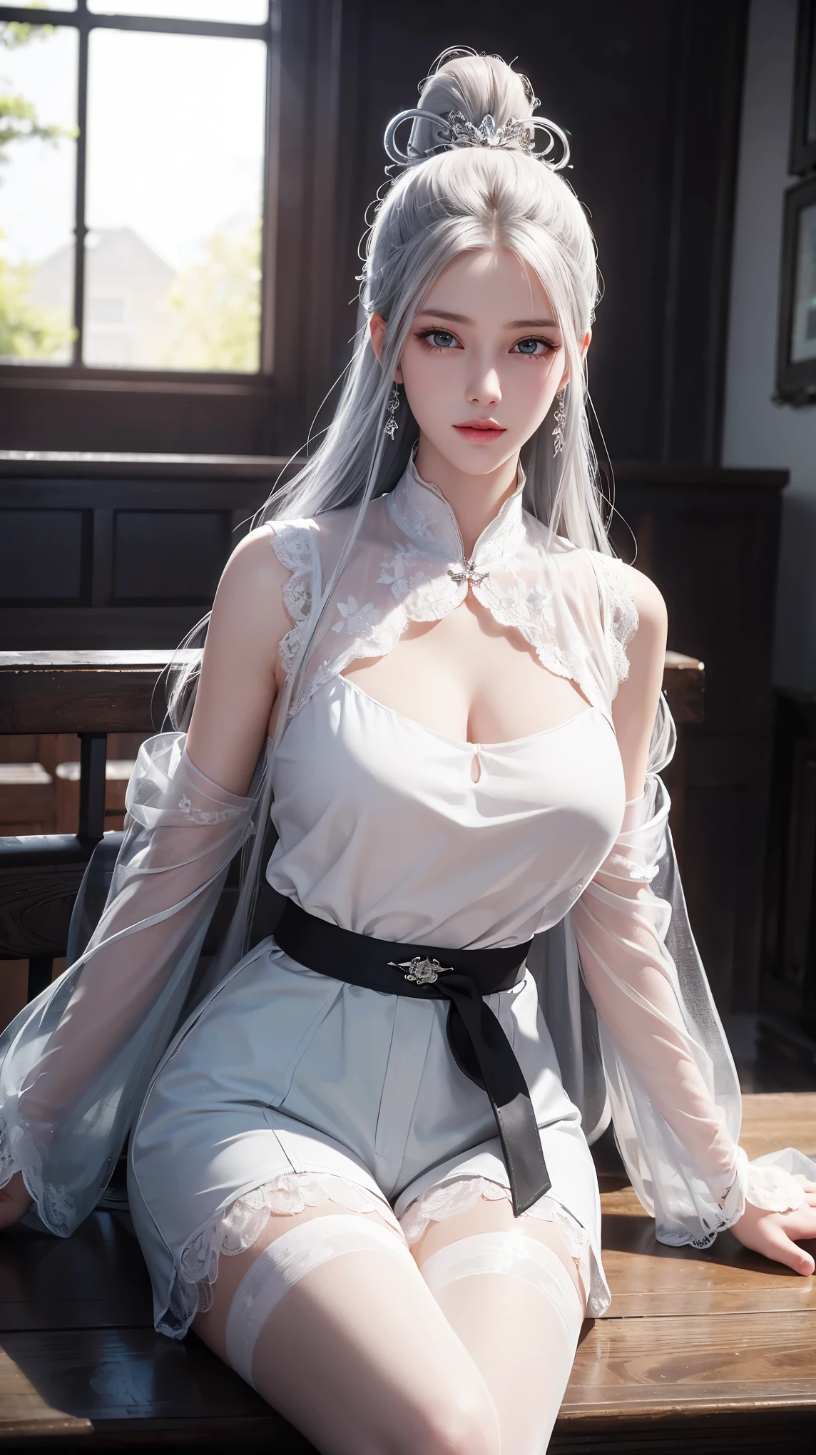 a white hair、Close-up of woman wearing white mask, Beautiful character painting, guweiz, Gurwitz-style artwork, White-haired god, author：Yang Jie, Epic and beautiful character art, Stunning character art, author：Fan Qi, by Wuzhun Shifan, pixiv art street guweiz, Single ponytail, insult, High Ponytail, tall and big, Long legs, (Sleeveless lace shirt), (shorts), (Striped )), ((Striped )), Walk, elegant, dignified, woman, Beautiful curves, sweet smile, Strong sense of detail and layering, color丰富绚丽, Has a unique texture, Colorful, color, vivid, design art, 16K, Ultra Detailed, {{illustration}}, {Extremely refined}, {Exquisite surface treatment}, Ultra Detailed, Delicate and shining eyes, {{Movie Lighting}}, Extreme lighting effects, Model: realism, CFG size: 12, Laura: Bright texture (1.35), high quality, masterpiece, Exquisite facial features, Delicate hair depiction, Detailed depiction of the eyes, masterpiece, best quality, Ray Tracing, Extremely detailed CG unified 8k wallpaper, masterpiece, best quality, (1 girl), 完美woman身材, (((tight white t shirt))), beautiful eyes, (Delicate face), Black short hair, Tie your hair up, Light blue hairpin, Black Silk Frame Glasses, In class, (White skin), (Optimal lighting), (Super intricate details), 4k unity, (Ultra Detailed CG), Showing off her white legs, , Hot Pants, shorts,