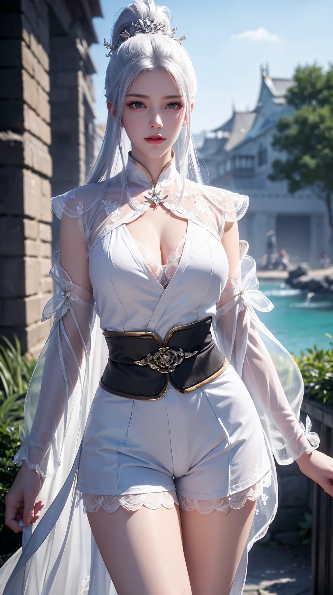 a white hair、Close-up of woman wearing white mask, Beautiful character painting, guweiz, Gurwitz-style artwork, White-haired god, author：Yang Jie, Epic and beautiful character art, Stunning character art, author：Fan Qi, by Wuzhun Shifan, pixiv art street guweiz, Single ponytail, insult, High Ponytail, tall and big, Long legs, (Sleeveless lace shirt), (shorts), (Striped )), ((Striped )), Walk, elegant, dignified, woman, Beautiful curves, sweet smile, Strong sense of detail and layering, color丰富绚丽, Has a unique texture, Colorful, color, vivid, design art, 16K, Ultra Detailed, {{illustration}}, {Extremely refined}, {Exquisite surface treatment}, Ultra Detailed, Delicate and shining eyes, {{Movie Lighting}}, Extreme lighting effects, Model: realism, CFG size: 12, Laura: Bright texture (1.35), high quality, masterpiece, Exquisite facial features, Delicate hair depiction, Detailed depiction of the eyes, masterpiece, best quality, Ray Tracing, Extremely detailed CG unified 8k wallpaper, masterpiece, best quality, (1 girl), 完美woman身材, (((tight white t shirt))), beautiful eyes, (Delicate face), Black short hair, Tie your hair up, Light blue hairpin, Black Silk Frame Glasses, In class, (White skin), (Optimal lighting), (Super intricate details), 4k unity, (Ultra Detailed CG), Showing off her white legs, , Hot Pants, shorts,