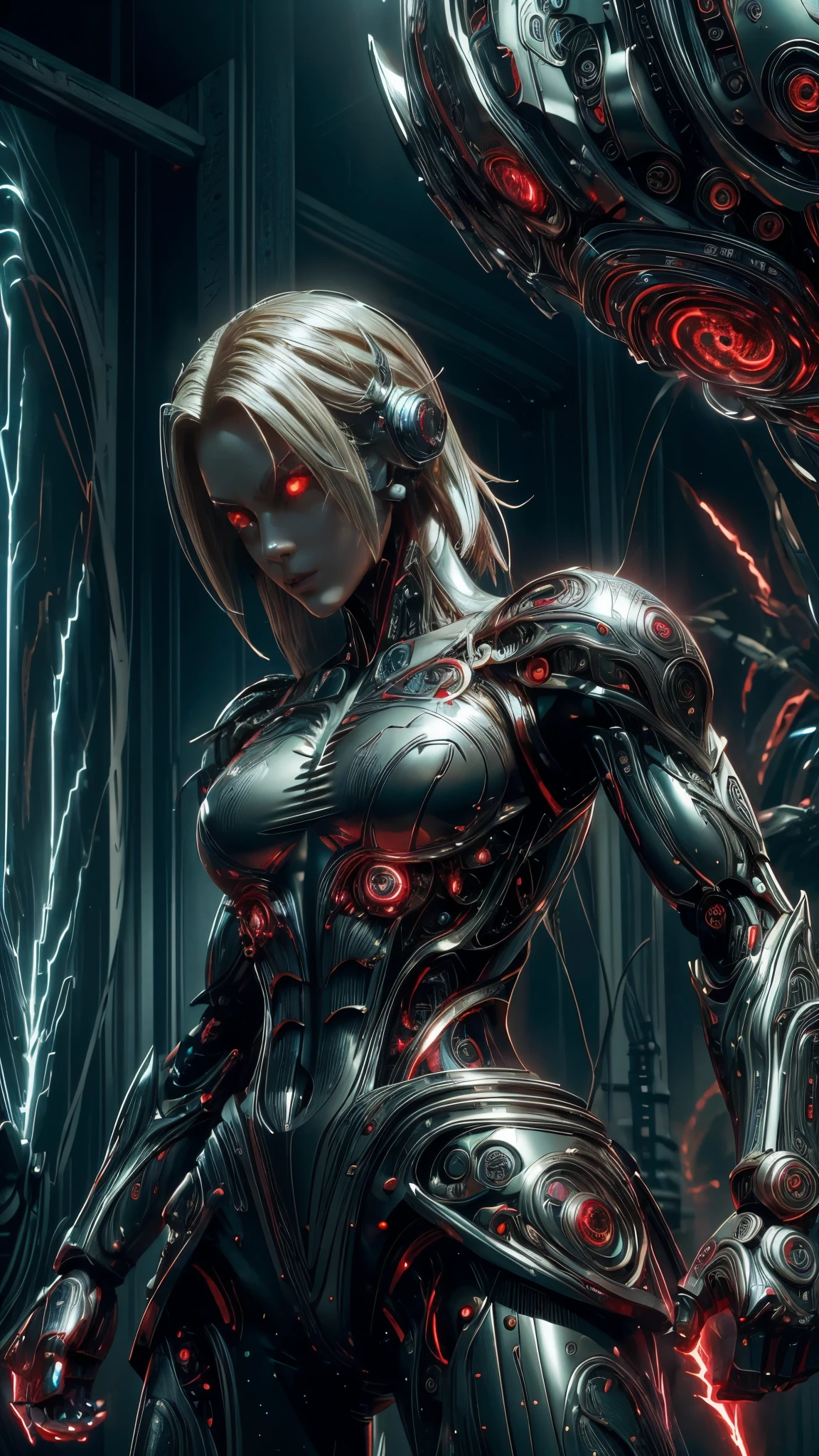 "Immerse yourself in the visual extravaganza as you witness the incredible transformation of the robot Android 18, a creature of unparalleled strength and temperament. Piercing red eyes and reflective body His energy will amaze you."