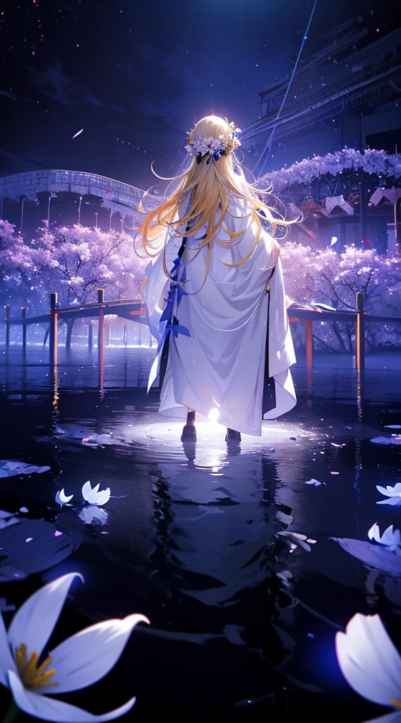 1people々々々々々々々,Blonde long-haired woman,White long coat, Dress Silhouette, Rear View,Space Sky, Countless crosses line the flower field,Colorful flowers,Fluttering petals,Countless crosses lined up,