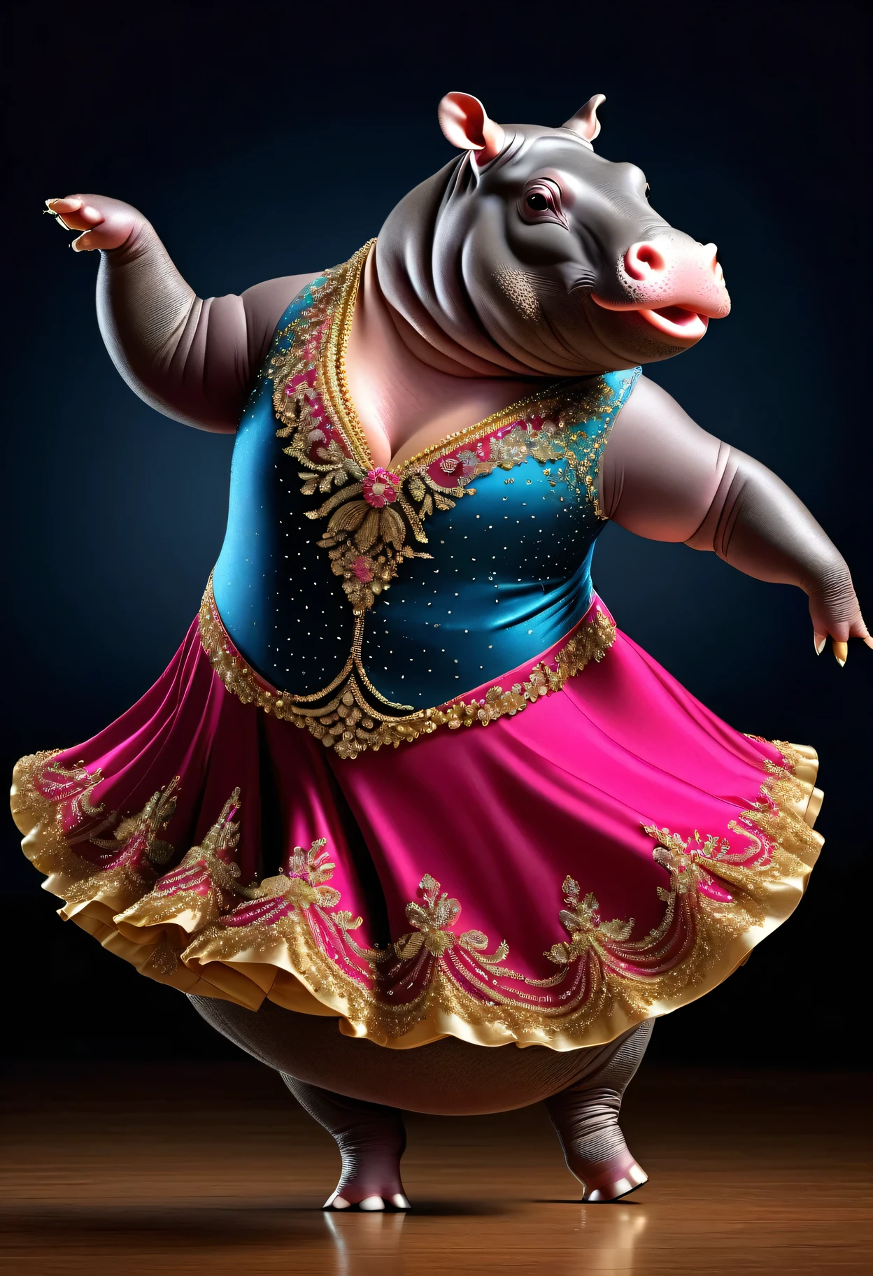 photorealistic portrait of Dressed animals - a ((fat)) ((hippo)) Ballroom dancer,(dynamic dancing pose:1.5),(happy smile),(passion), high quality,(lovely) ,intricate details, highly detailed (female ballroom dancer's dress )),, highly detailed decorations of dress ,high heels, (happy), studio lighting,(full body image:2.0)