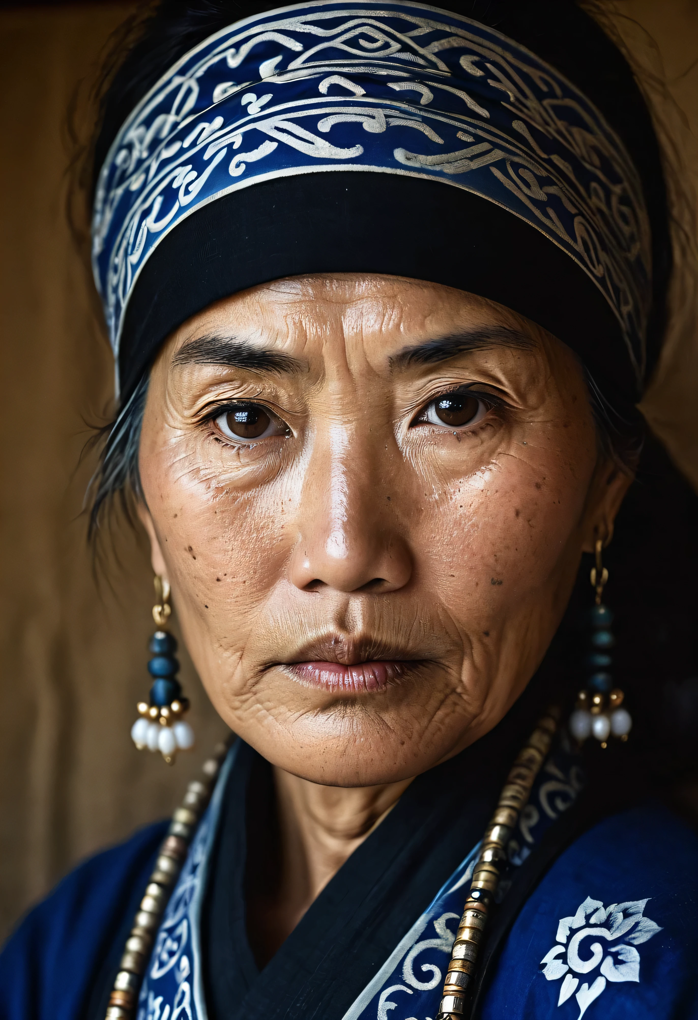 A portrait of the Ainu tribe of Japan, Hokkaido, a mature woman with the traditional outfit and Black lip Tattoo around her mouth, Photograph within their hutShowing off her calm and sad face with brown eyes, woman with wrinkles, a turban, and big earrings looks into the camera, The images are extremely realistic., Photographs like the Geographic style of Nation magazine., Professional documentary work, realistic details, natural light, Rim Light, Studio Light, photo inside Mongolian tent