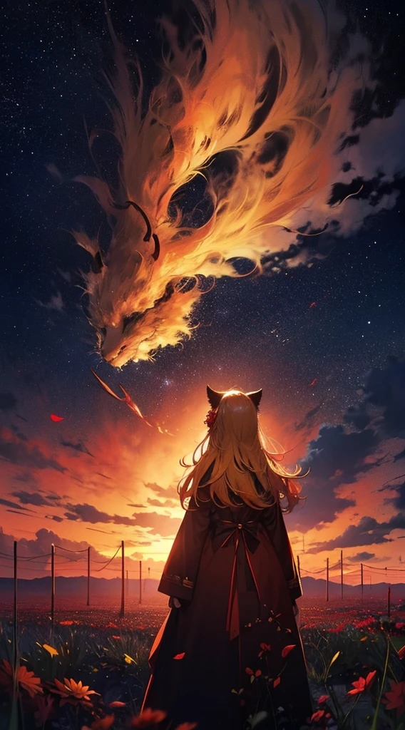 １people々々々々々々々,Blonde long-haired woman，Cat ear，Red long coat， Dress Silhouette， Rear View，Space Sky, Flower Field，Colorful flowers