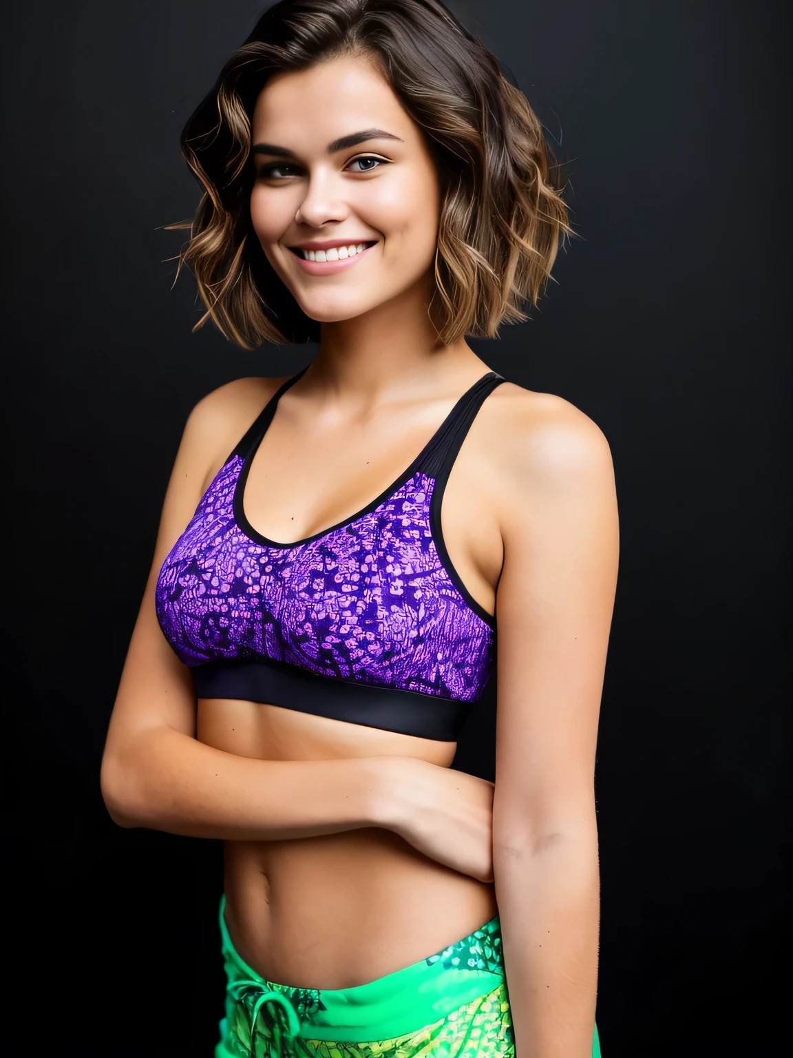 In the image, a woman is standing against a black background, her body slightly turned to show off her purple sports bra and green patterned shorts. Her arms are crossed over her chest and she has short brown hair. She wears a relaxed smile on her face. The focus of the image is on the upper part of the body, highlighting her attire and posture.