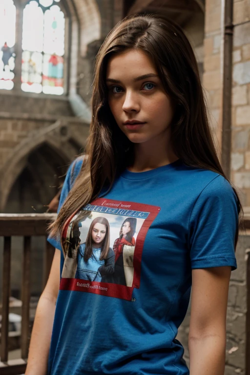 Brunette blue eyes girl red t-shirt with hogwarts alumni writing on it