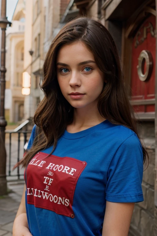 Brunette blue eyes girl red t-shirt with hogwarts alumni writing on it