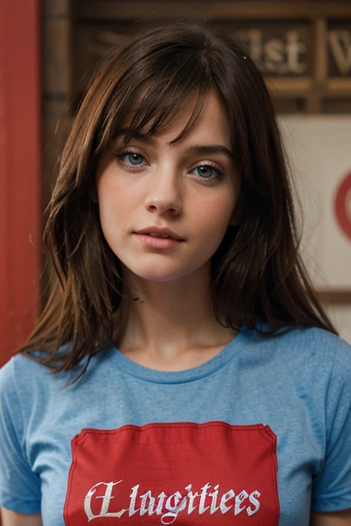 Brunette blue eyes girl red t-shirt with hogwarts alumni writing on it 